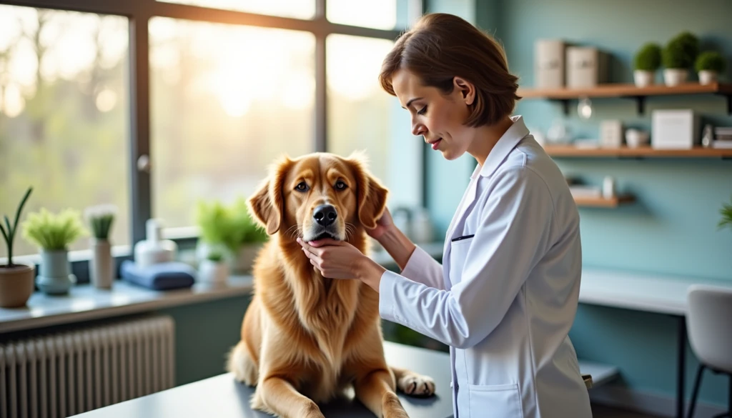 Vétérinaire examinant un golden retriever sur une table de consultation dans un cabinet lumineux.
