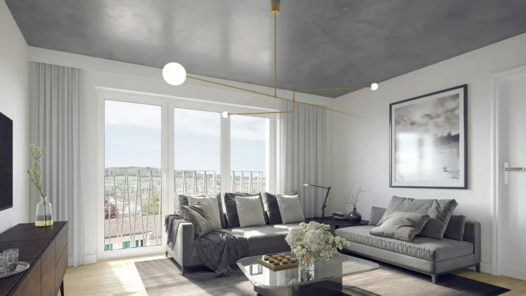 Salon moderne lumineux avec grandes baies vitrées et menuiseries élégantes dans un appartement contemporain.