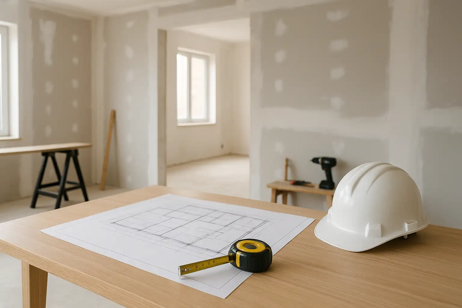 Intérieur de maison en rénovation avec plans, mètre ruban et outils de bricolage