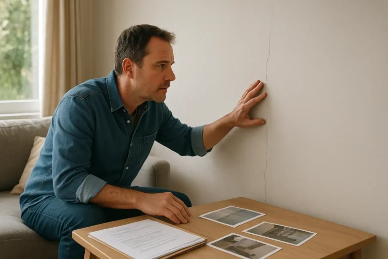 Propriétaire examinant un mur fissuré dans une maison avec des documents d’expertise