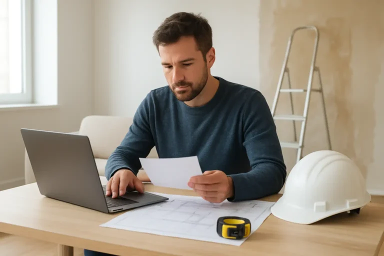 Propriétaire comparant un devis travaux dans une maison en rénovation