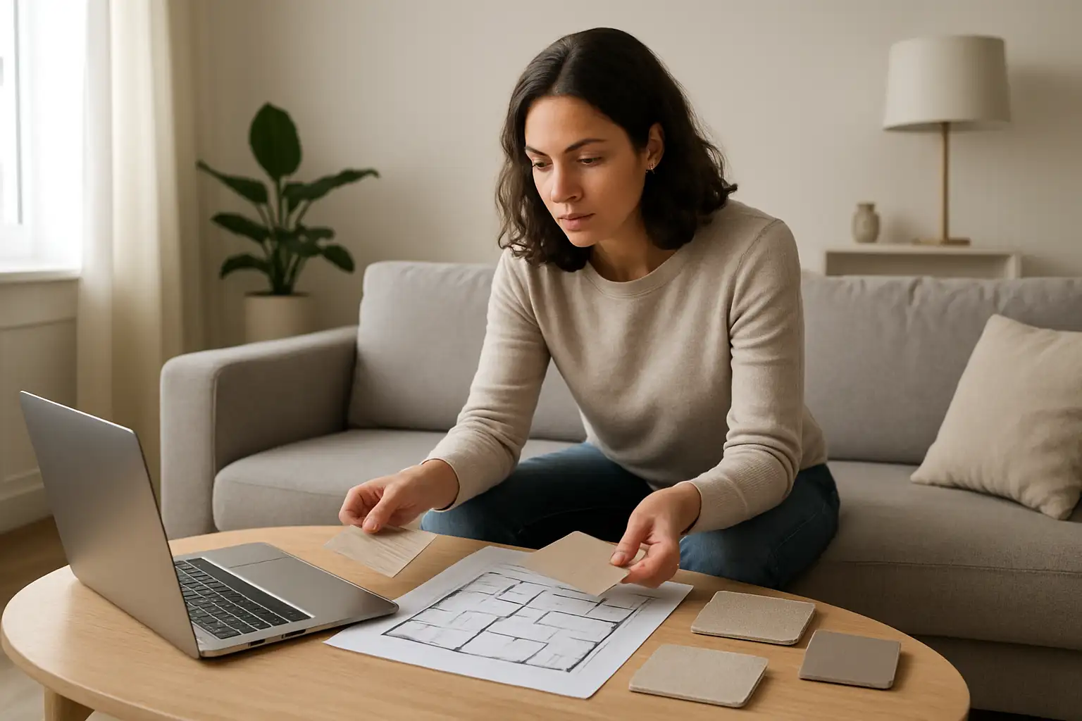 Personne comparant des solutions pour la maison dans un salon lumineux