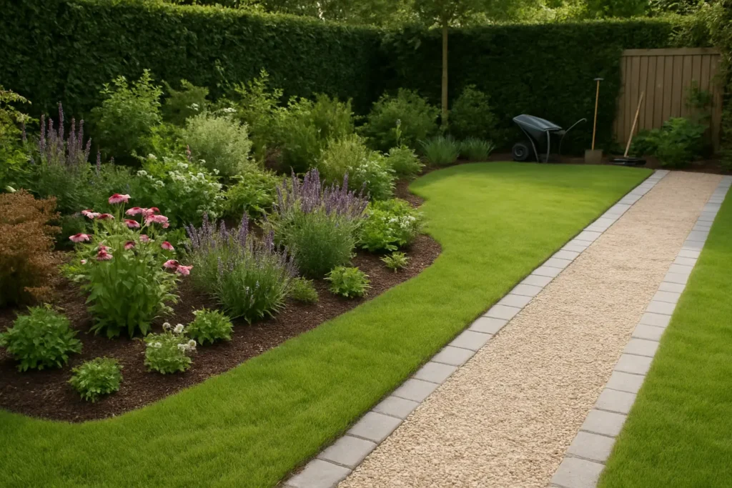 Jardin résidentiel aménagé avec massifs, allée et végétaux faciles à entretenir