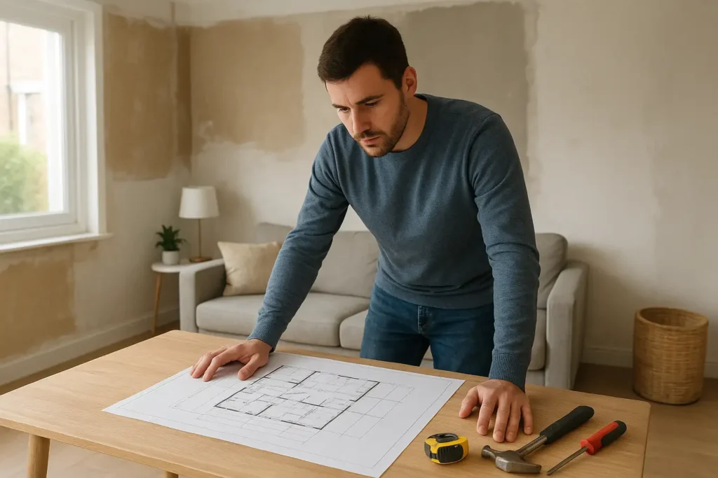 Personne consultant un plan de travaux dans un intérieur de maison en rénovation légère