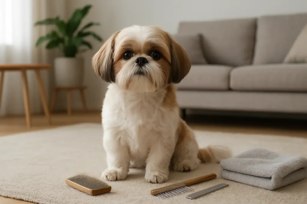 Shih tzu dans un salon avec accessoires de toilettage, illustrant les contraintes d’entretien