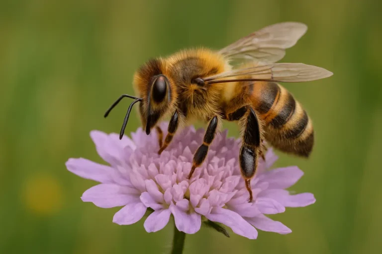 Abeille observée de près avec des yeux clairs sur une fleur de jardin