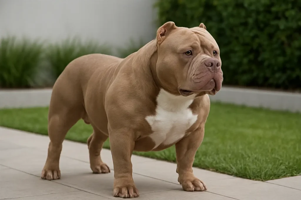 American Bully XXL adulte au gabarit massif dans un jardin