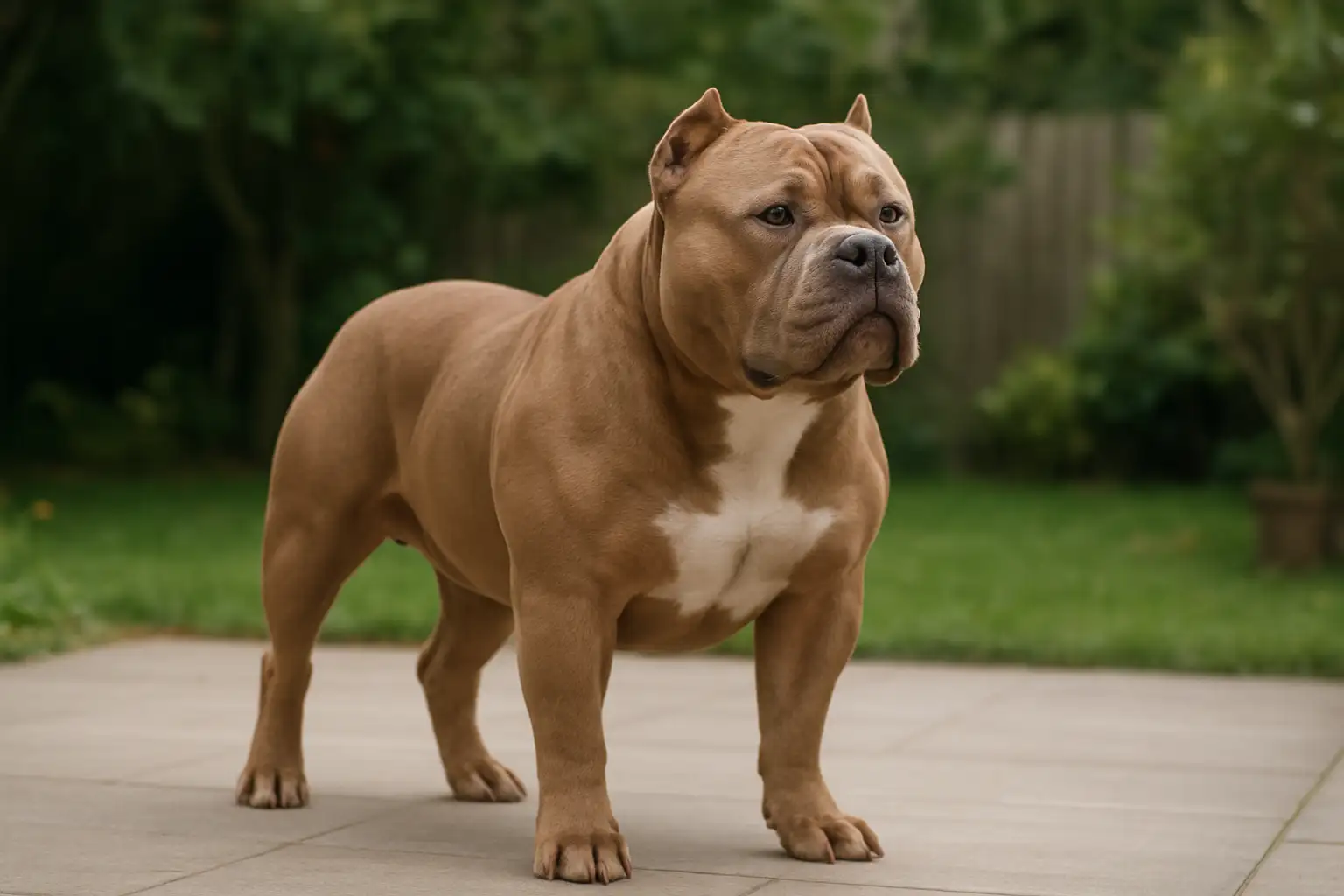 American bully dog XL debout dans un jardin, grand chien musclé et puissant