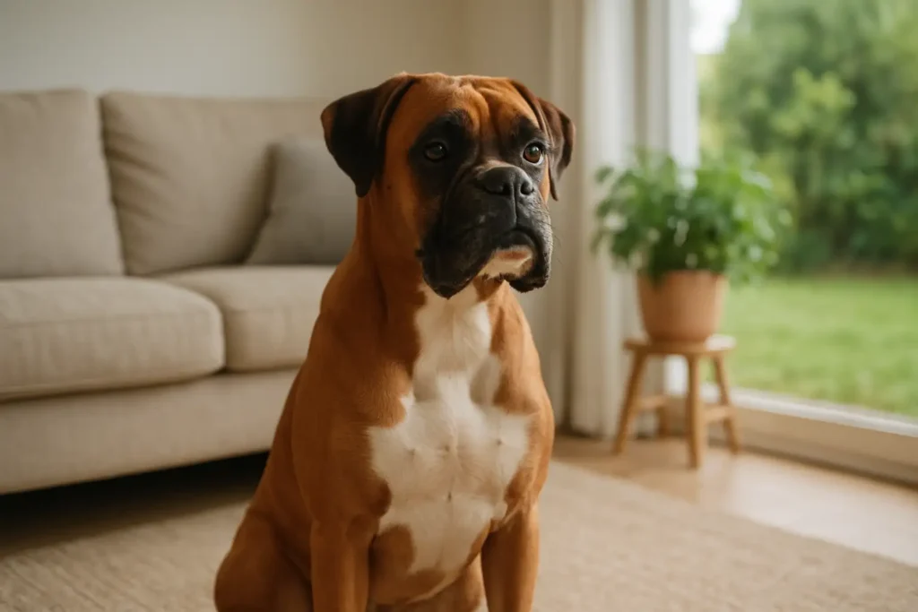 Chien boxer assis dans un environnement calme et lumineux
