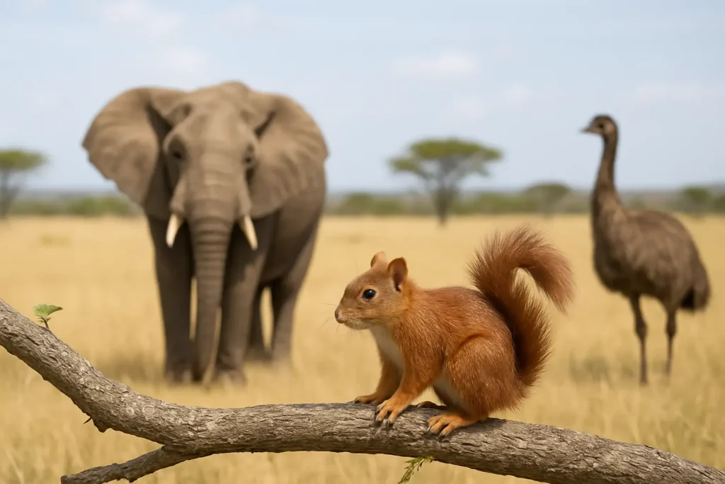 Animaux en E dans un décor naturel avec un éléphant, un écureuil et un émeu