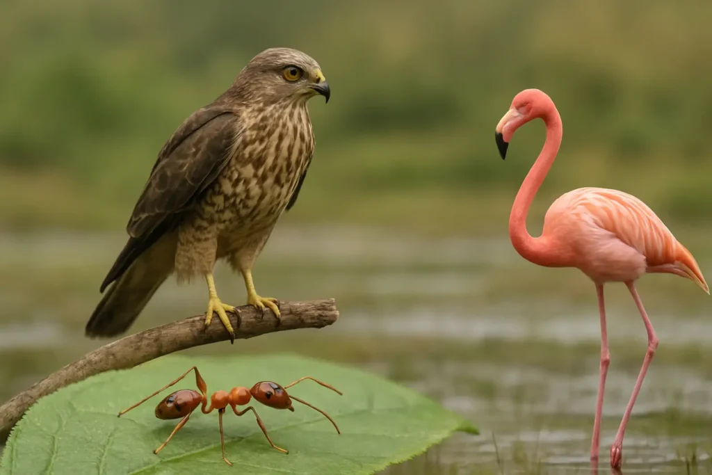 Image réaliste d’animaux en f avec une fourmi, un faucon et un flamant dans un décor naturel