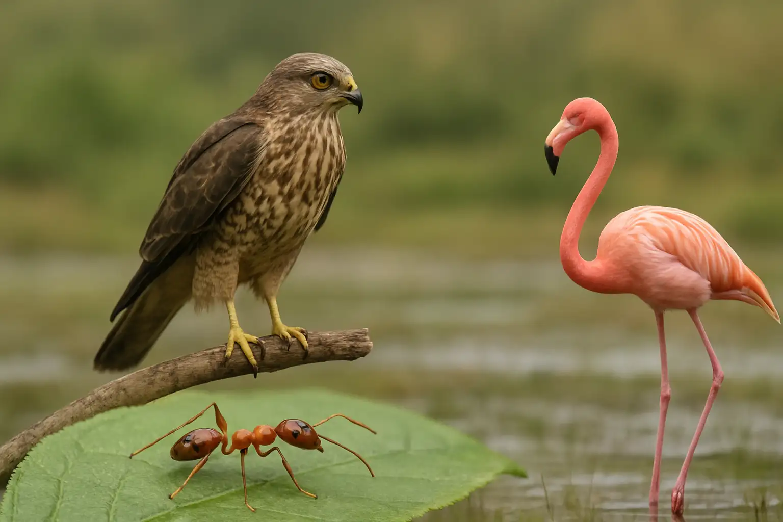 Image réaliste d’animaux en f avec une fourmi, un faucon et un flamant dans un décor naturel