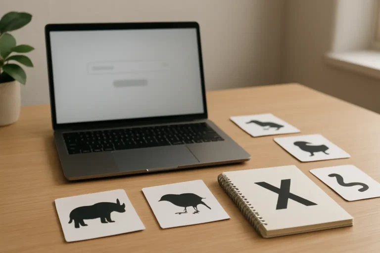 Bureau avec ordinateur et fiches d’animaux autour de la lettre X, illustrant le sujet animaux en x