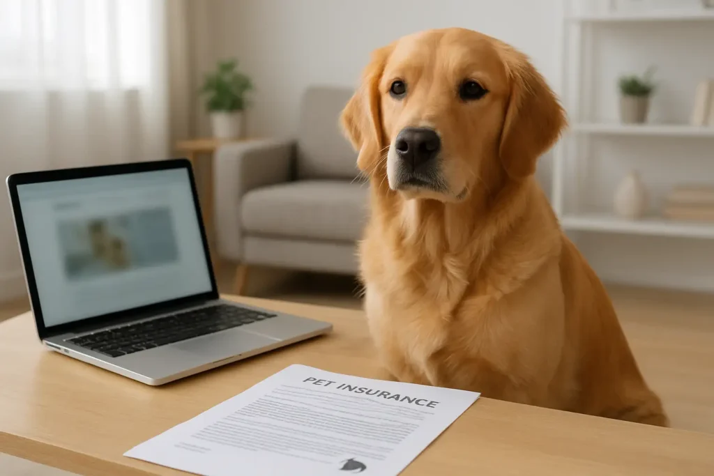 Chien dans un intérieur avec des documents sur l'assurance animale