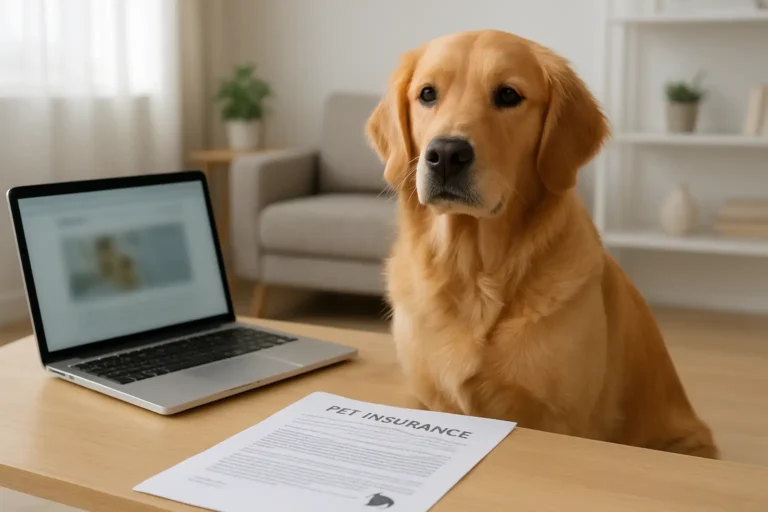 Chien dans un intérieur avec des documents sur l'assurance animale