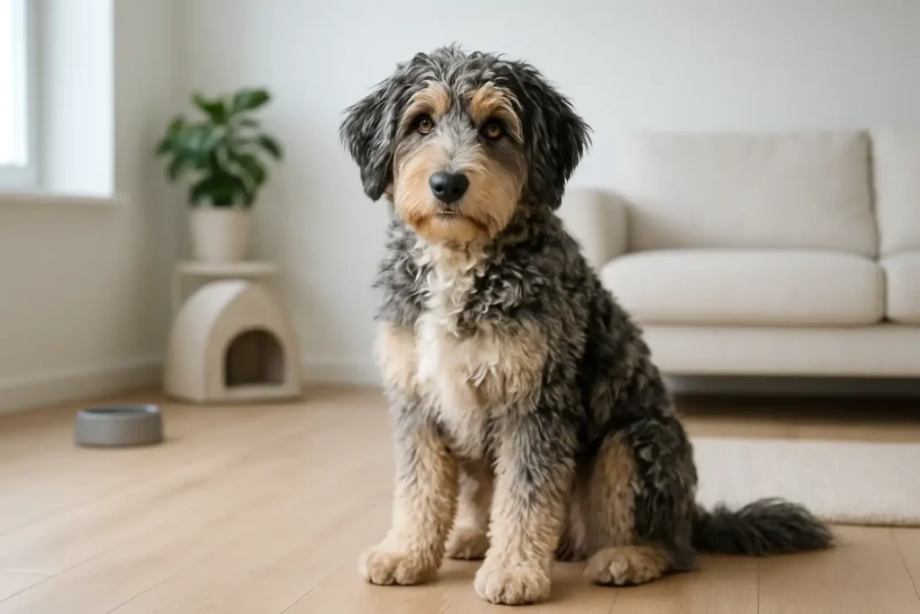 Aussiedoodle au pelage ondulé dans un intérieur moderne et lumineux