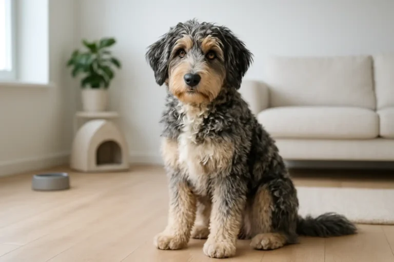 Aussiedoodle au pelage ondulé dans un intérieur moderne et lumineux