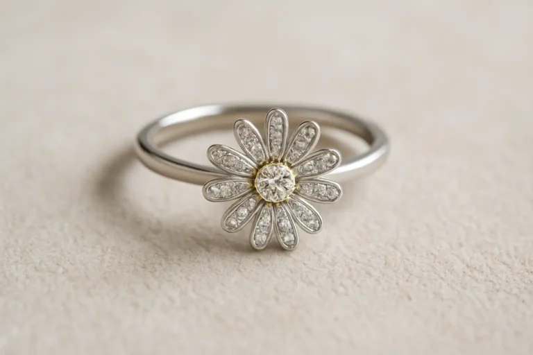 Bague marguerite posée sur un fond neutre avec son motif floral visible