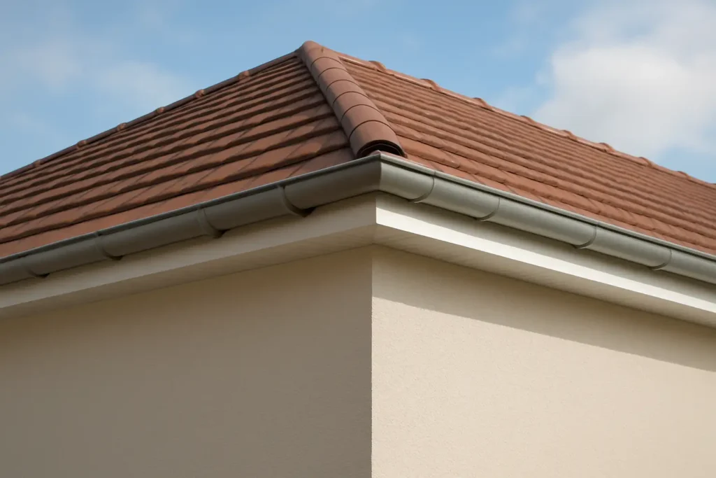 Bandeau de rive sur le bord d’une toiture de maison, avec finition propre et gouttière visible