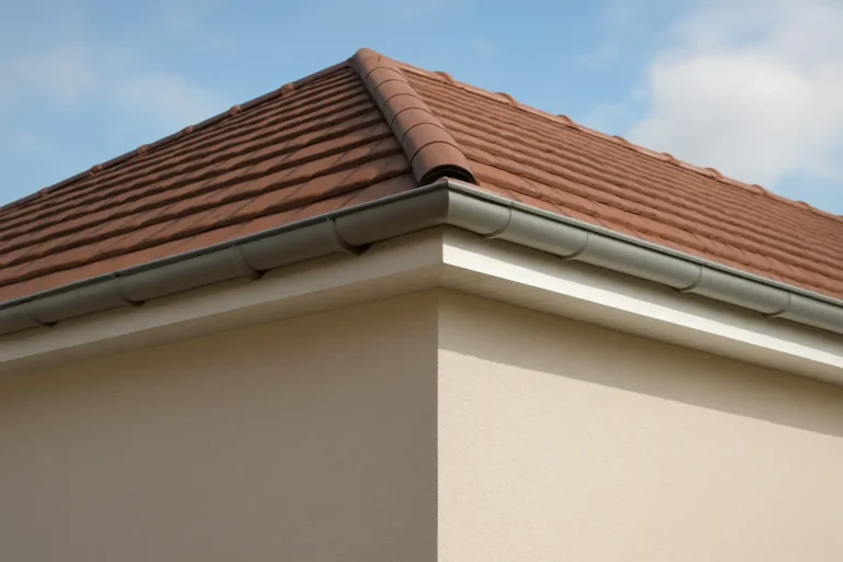 Bandeau de rive sur le bord d’une toiture de maison, avec finition propre et gouttière visible