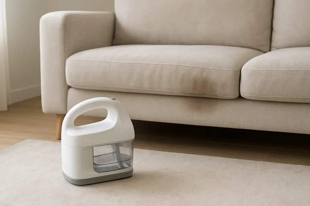Nettoyeur de taches Bissell ProHeat Spot utilisé près d’un canapé et d’un tapis dans un intérieur moderne