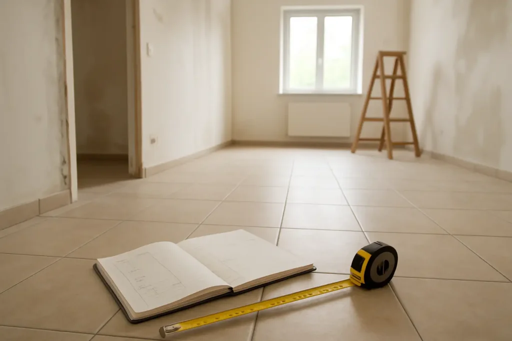 Mètre ruban et notes pour calculer une surface dans une pièce de maison