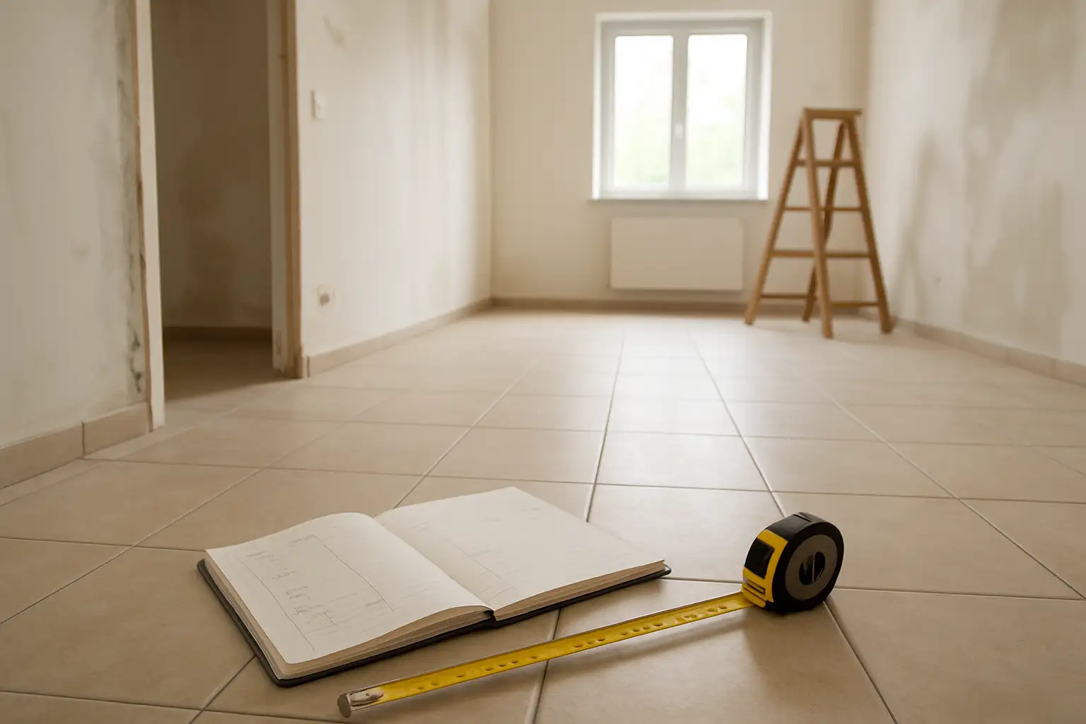 Mètre ruban et notes pour calculer une surface dans une pièce de maison