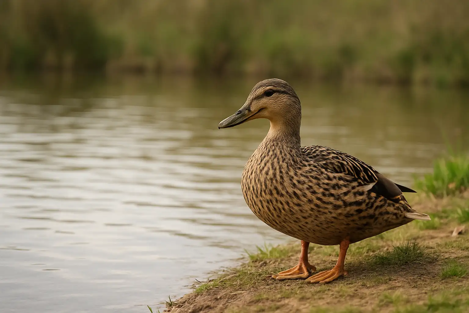 Canard femelle au bord d’un étang, avec plumage brun tacheté