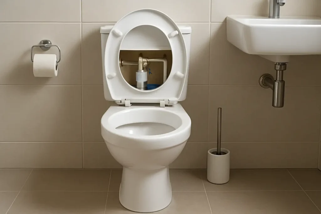 Réservoir de chasse d'eau ouvert dans une salle de bain, avec mécanisme visible pour diagnostiquer une fuite