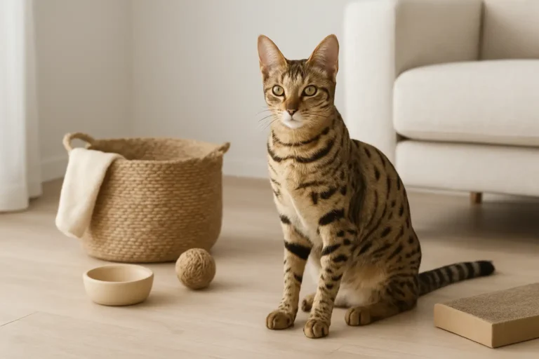 Chat Savannah dans un intérieur moderne, illustrant le prix d’un chat Savannah