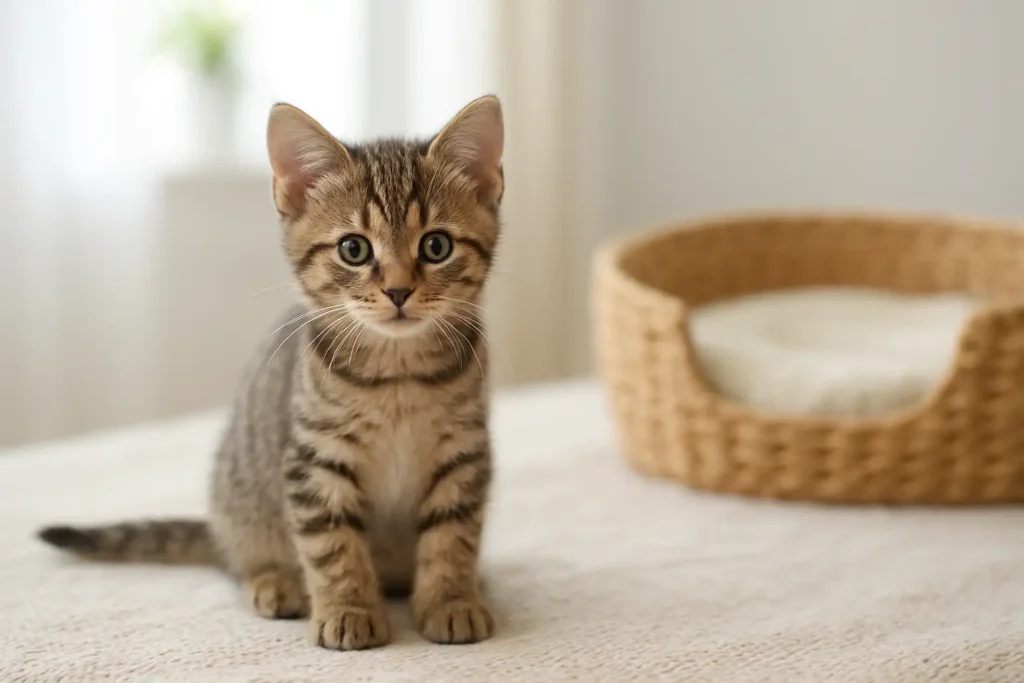 Chaton shorthair à poil court assis dans un intérieur lumineux