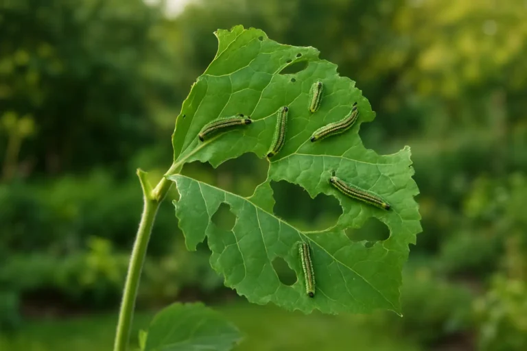 Chenilles visibles sur le feuillage d’une plante de jardin avec feuilles grignotées