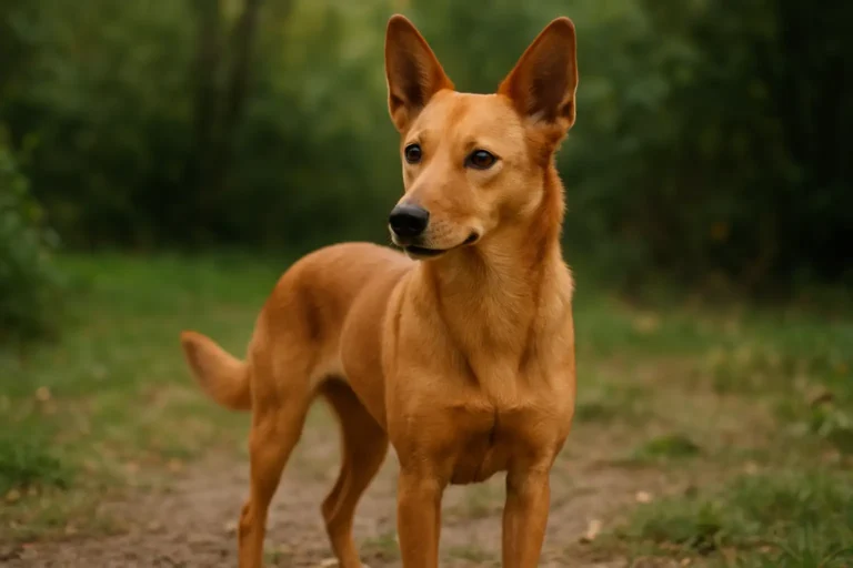Chien au pelage roux ressemblant à un renard dans un environnement naturel