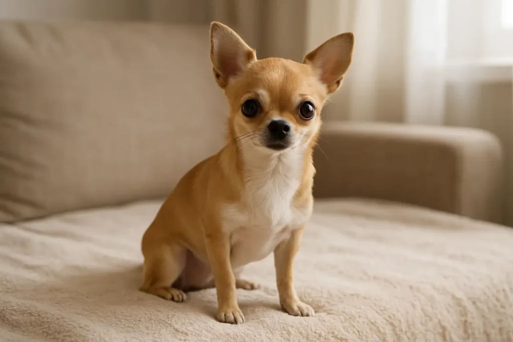Petit chihuahua nain assis sur un canapé dans un intérieur lumineux