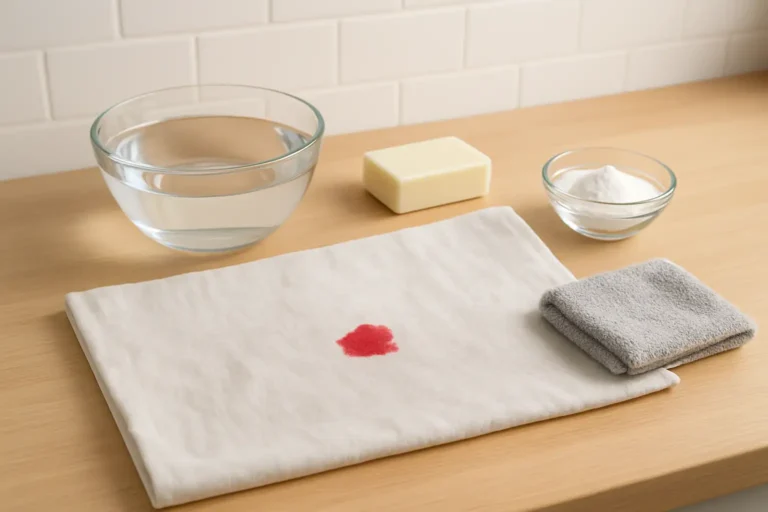 Tissu taché de sang avec eau froide, savon doux et bicarbonate pour le nettoyage à la maison