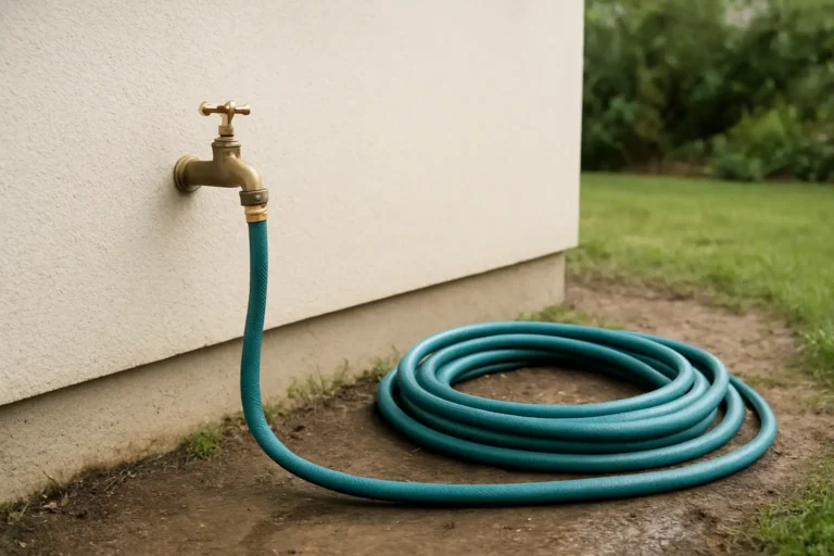 Robinet extérieur de jardin et tuyau d’arrosage illustrant une coupure d’eau au jardin