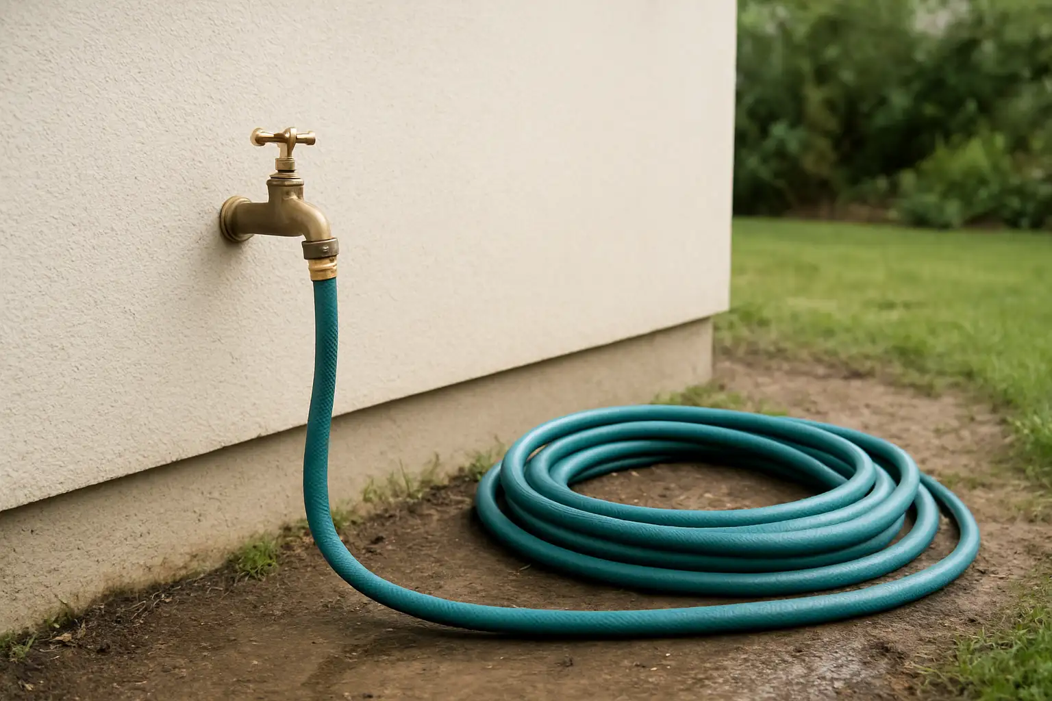 Robinet extérieur de jardin et tuyau d’arrosage illustrant une coupure d’eau au jardin