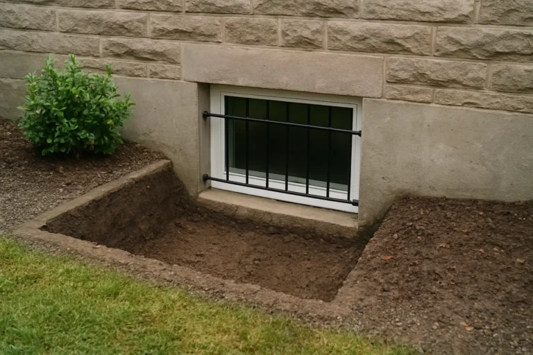 Cour anglaise aménagée devant une fenêtre de sous-sol dans une maison