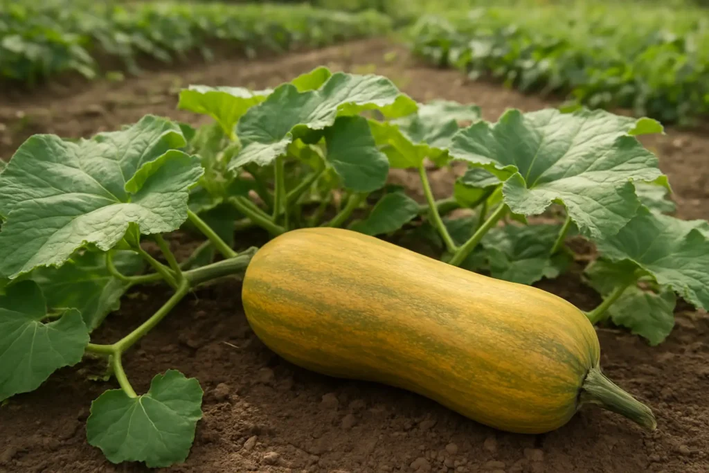 Courge longue de Nice mûrissant au potager parmi les feuilles