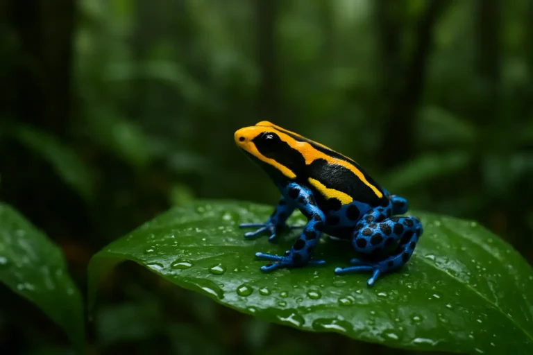Petit dendrobate coloré posé sur une feuille humide en forêt tropicale