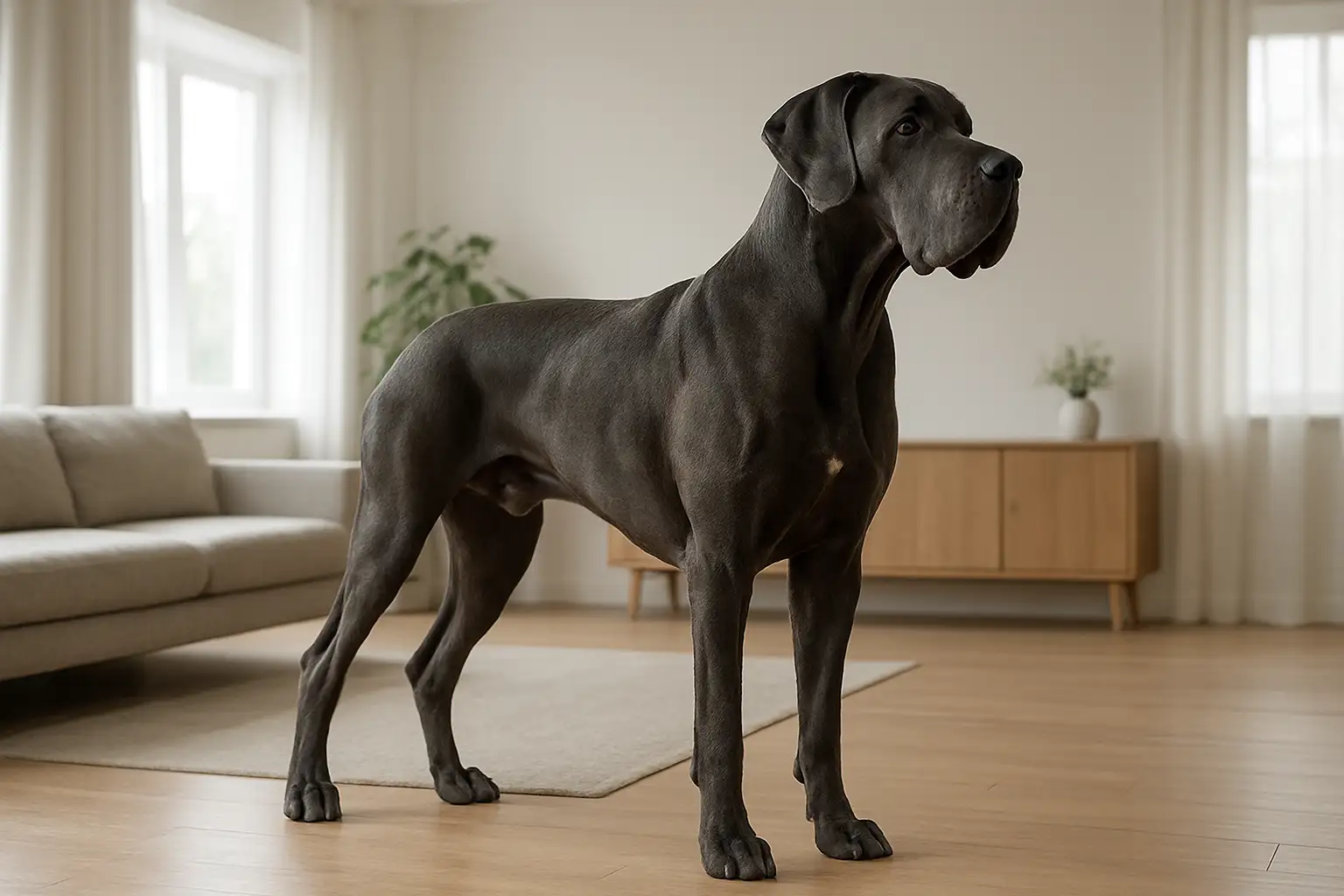Dogue allemand adulte debout dans une pièce lumineuse, illustrant sa grande taille