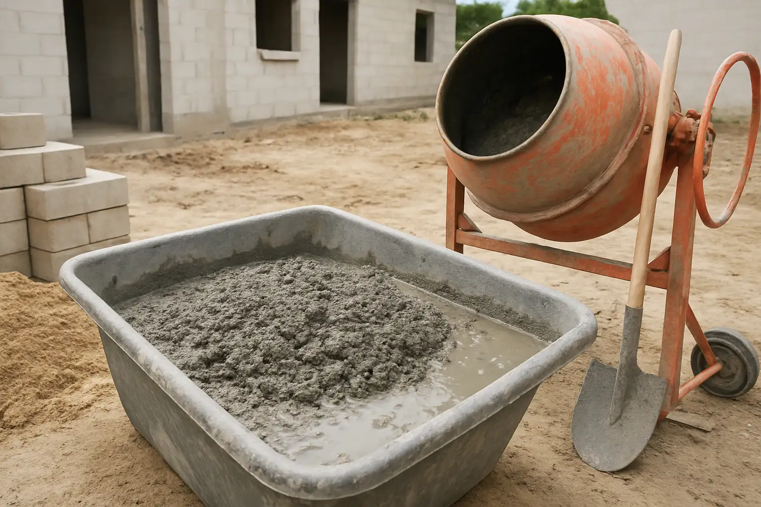 Mélange de béton prêt sur un chantier de maison pour illustrer le dosage béton