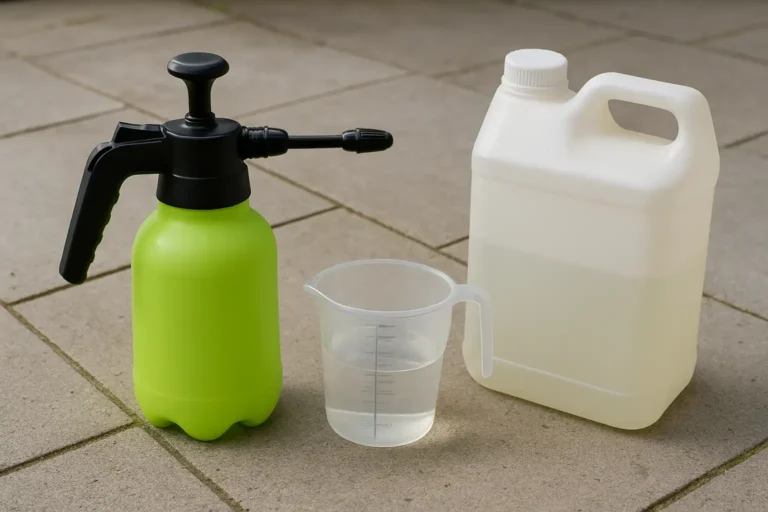 Pulvérisateur et bidon de désherbant pour préparer un dosage avec 5 litres d’eau