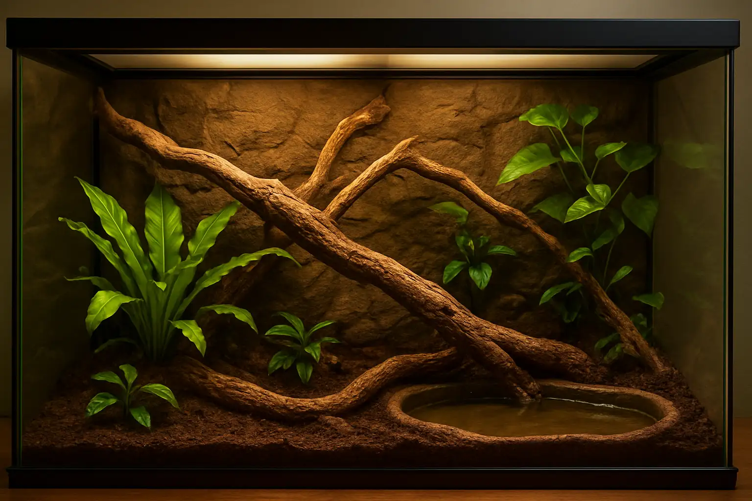 Terrarium réaliste aménagé pour dragons d’eau avec branches, plantes et point d’eau