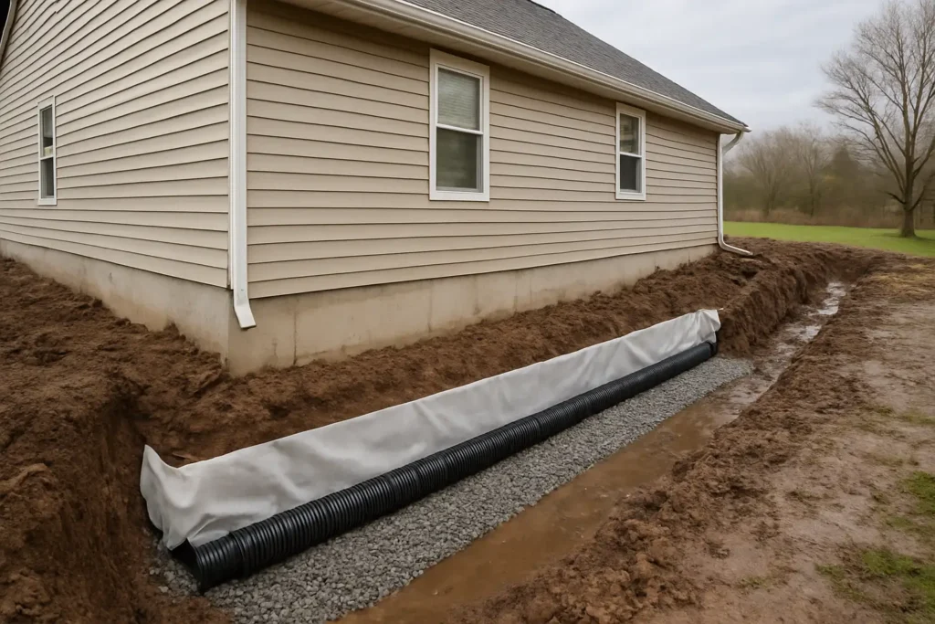 Drainage maison autour des fondations avec tranchée drainante et gravier