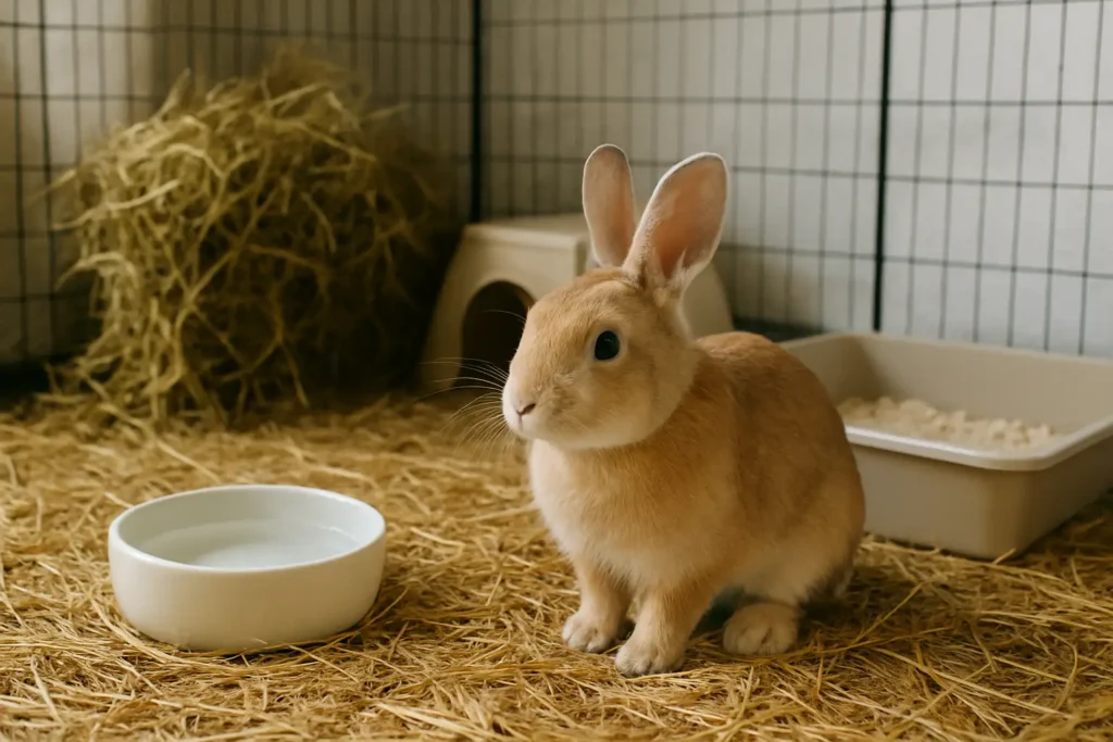 Lapin de compagnie dans un enclos propre avec du foin, illustrant la durée de vie du lapin