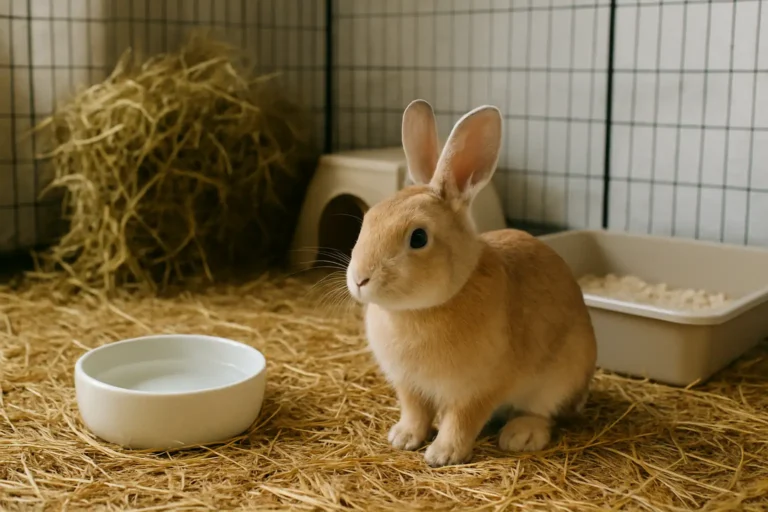 Lapin de compagnie dans un enclos propre avec du foin, illustrant la durée de vie du lapin