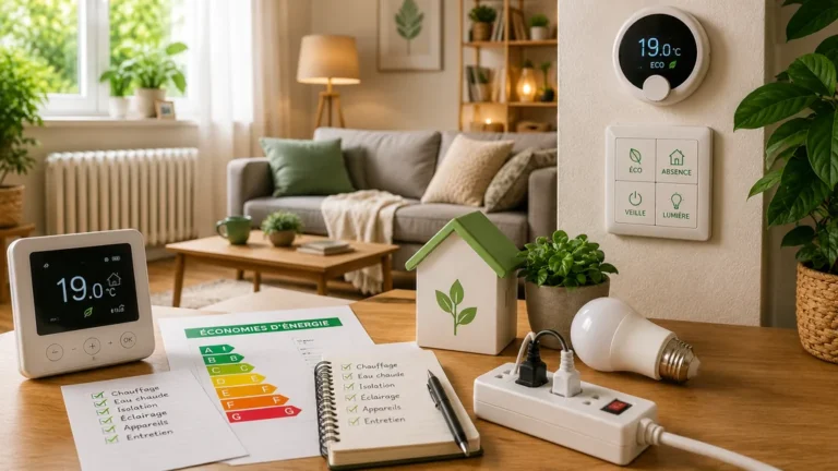 Intérieur de maison moderne avec thermostat connecté et équipements pour réduire la consommation d’énergie