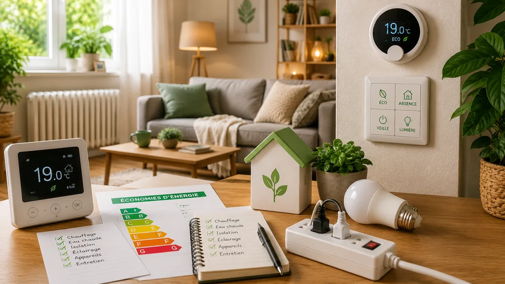 Intérieur de maison moderne avec thermostat connecté et équipements pour réduire la consommation d’énergie