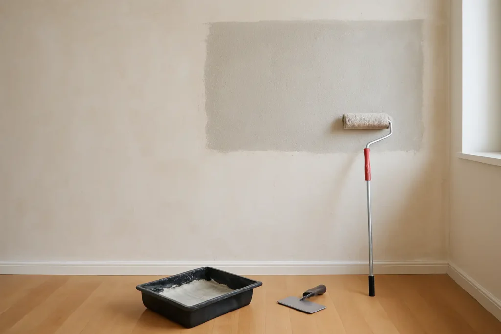 Application d’enduit au rouleau sur un mur intérieur en rénovation